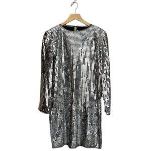 Caron Component Vintage 80’s Silver Metallic Sequin Long Sleeve Mini Shift Dress